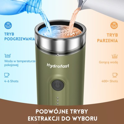 Hydrofast PO-100 Przenośny ekspres do kawy, ciśnienie 15 barów, bezprzewodowe podgrzewanie i konstrukcja 2 w 1