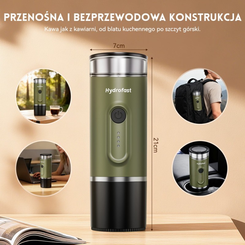 Hydrofast PO-100 Przenośny ekspres do kawy, ciśnienie 15 barów, bezprzewodowe podgrzewanie i konstrukcja 2 w 1