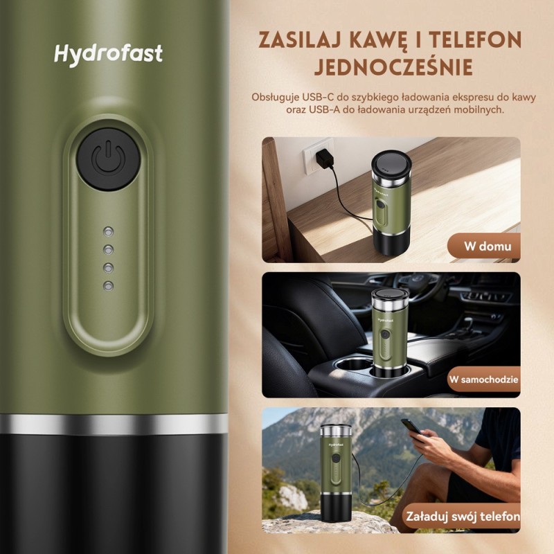 Hydrofast PO-100 Przenośny ekspres do kawy, ciśnienie 15 barów, bezprzewodowe podgrzewanie i konstrukcja 2 w 1