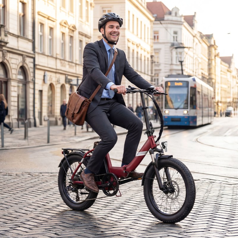 Touroll S3 Pro Rower elektryczny z niską ramą, 20-calowe opony typu fat, akumulator 48 V 27 Ah, zasięg 195 km – Czerwony