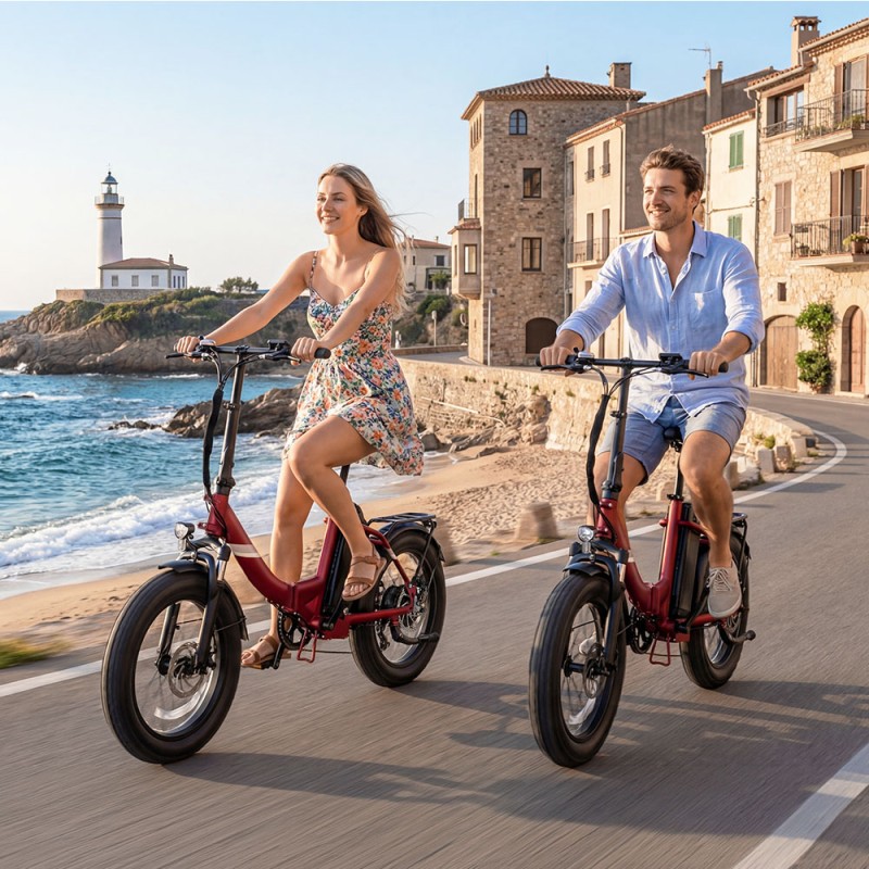 Touroll S3 Pro Rower elektryczny z niską ramą, 20-calowe opony typu fat, akumulator 48 V 27 Ah, zasięg 195 km – Czerwony