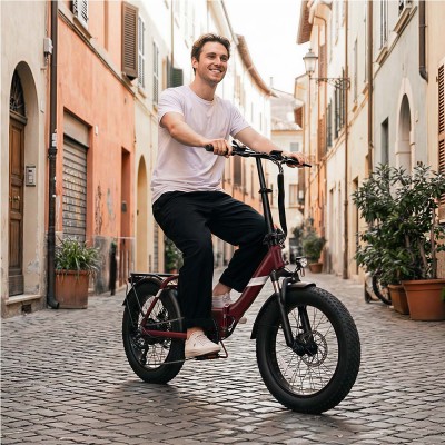 Touroll S3 Pro Rower elektryczny z niską ramą, 20-calowe opony typu fat, akumulator 48 V 27 Ah, zasięg 195 km – Czerwony