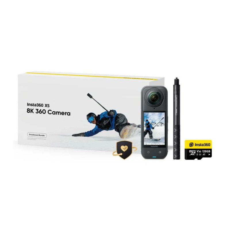 Insta360 X5 kamera sportowa Snowboard Bundle, wideo 8K 360°, czujniki 1/1,28″ - Czarny o północy