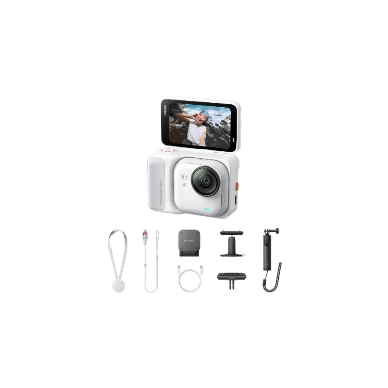Insta360 GO Ultra kamera sportowa Creator Bundle, układ AI 5 nm do wideo 4K60fps, czujniki 1/1,28″ - Arktyczna biel