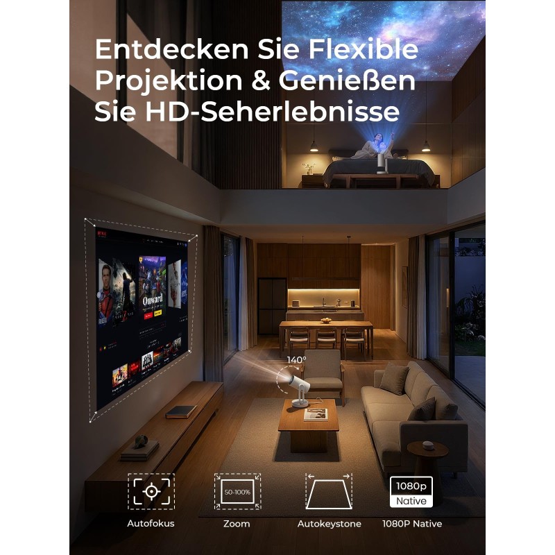 Projektor ETOE Starfish Plus, Google TV i Netflix, ambientowe światło, 1080P